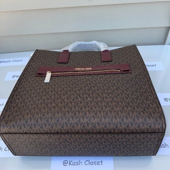 Michael Kors Kenly Tote Large MK Signature Purse Bag Merlot Brown - Picture 7 of 12